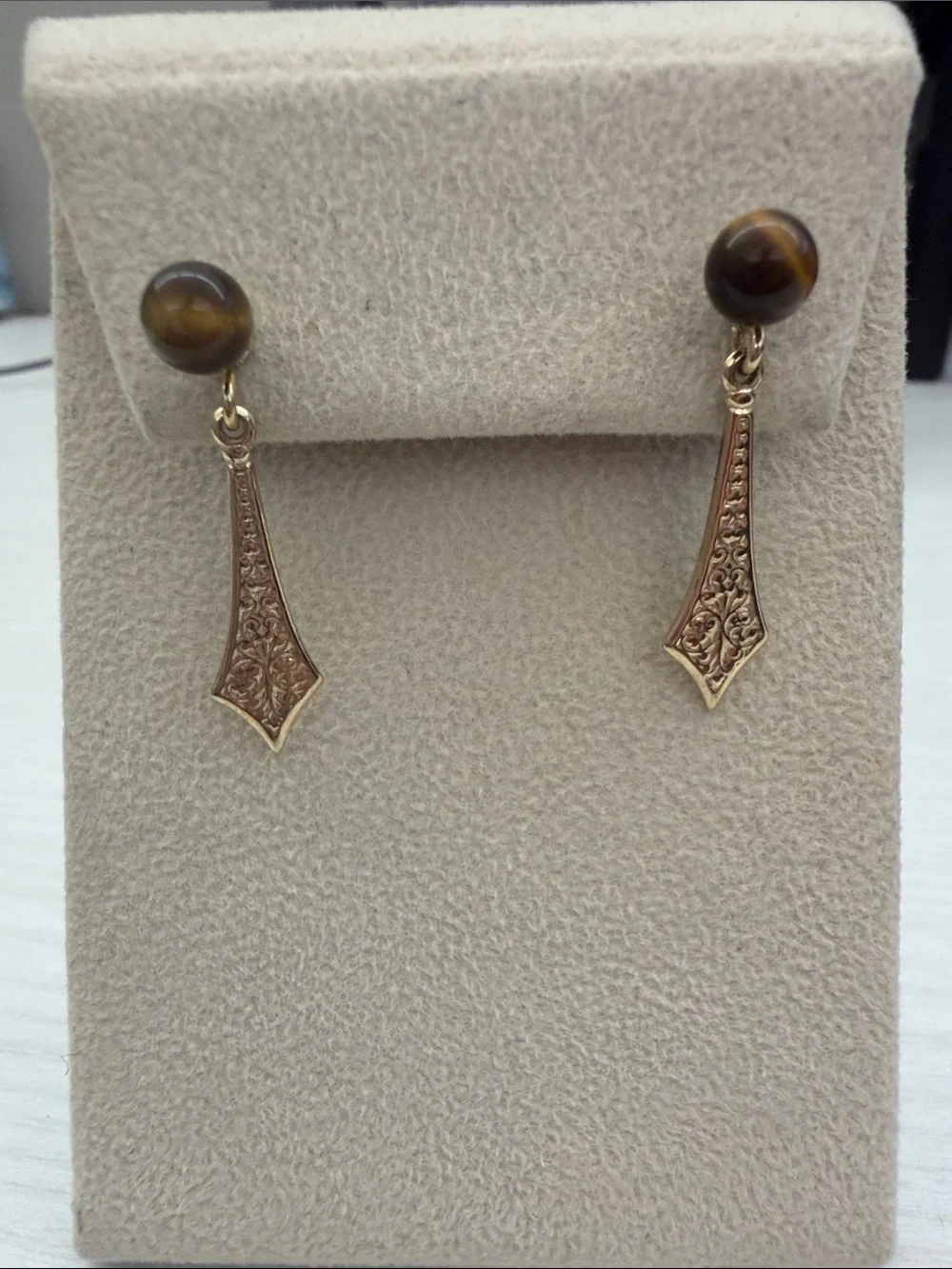 Gold-Tone Drop Earrings with Brown Tiger Eye Accent